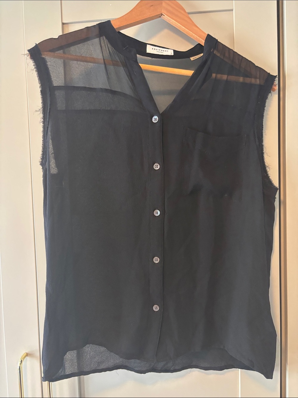 Equipment Black Sheer Sleeveless Button-Front Sheer Blouse with pocket
